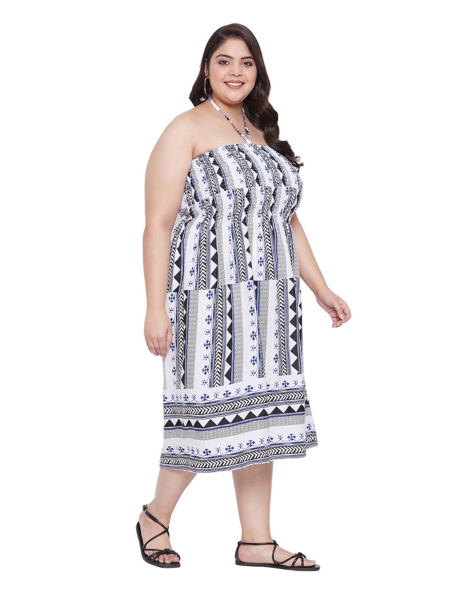 Black Geometric Printed Polyester Summer Tube Dress For Women