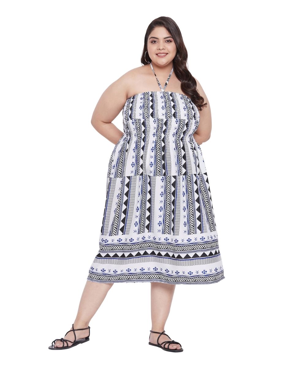 Black Geometric Printed Polyester Summer Tube Dress For Women
