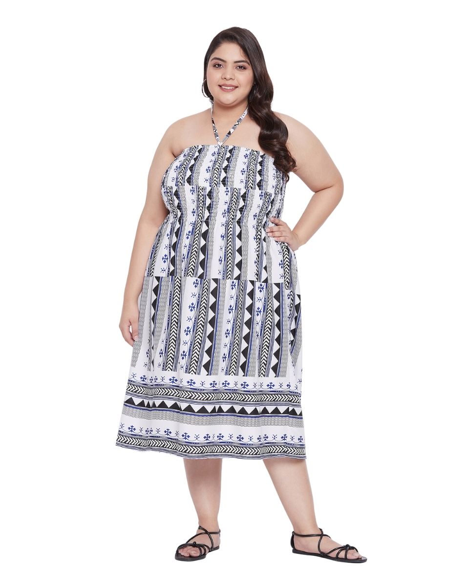 Black Geometric Printed Polyester Summer Tube Dress For Women