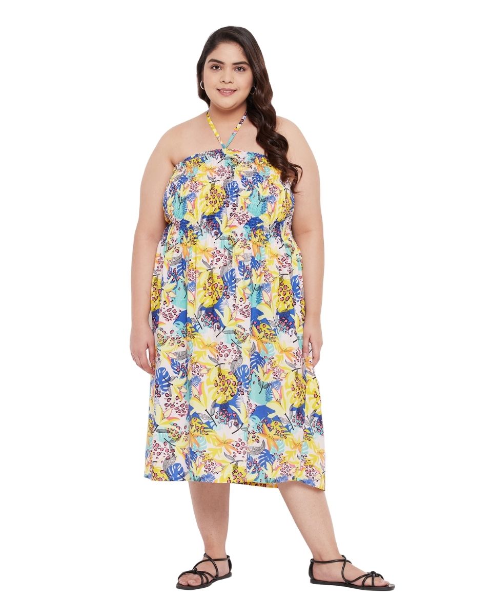 Floral Yellow Polyester Women Tube Dress For Evening