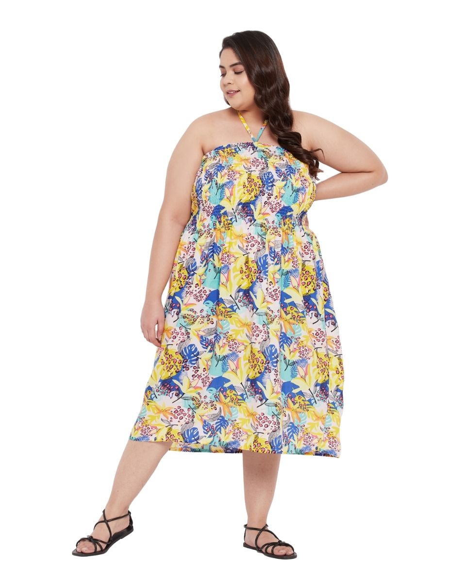 Floral Yellow Polyester Women Tube Dress For Evening
