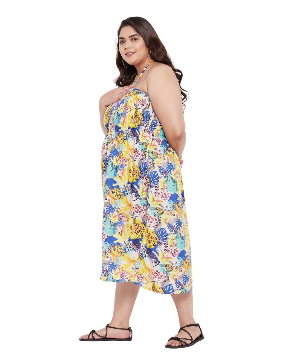 Floral Yellow Polyester Women Tube Dress For Evening