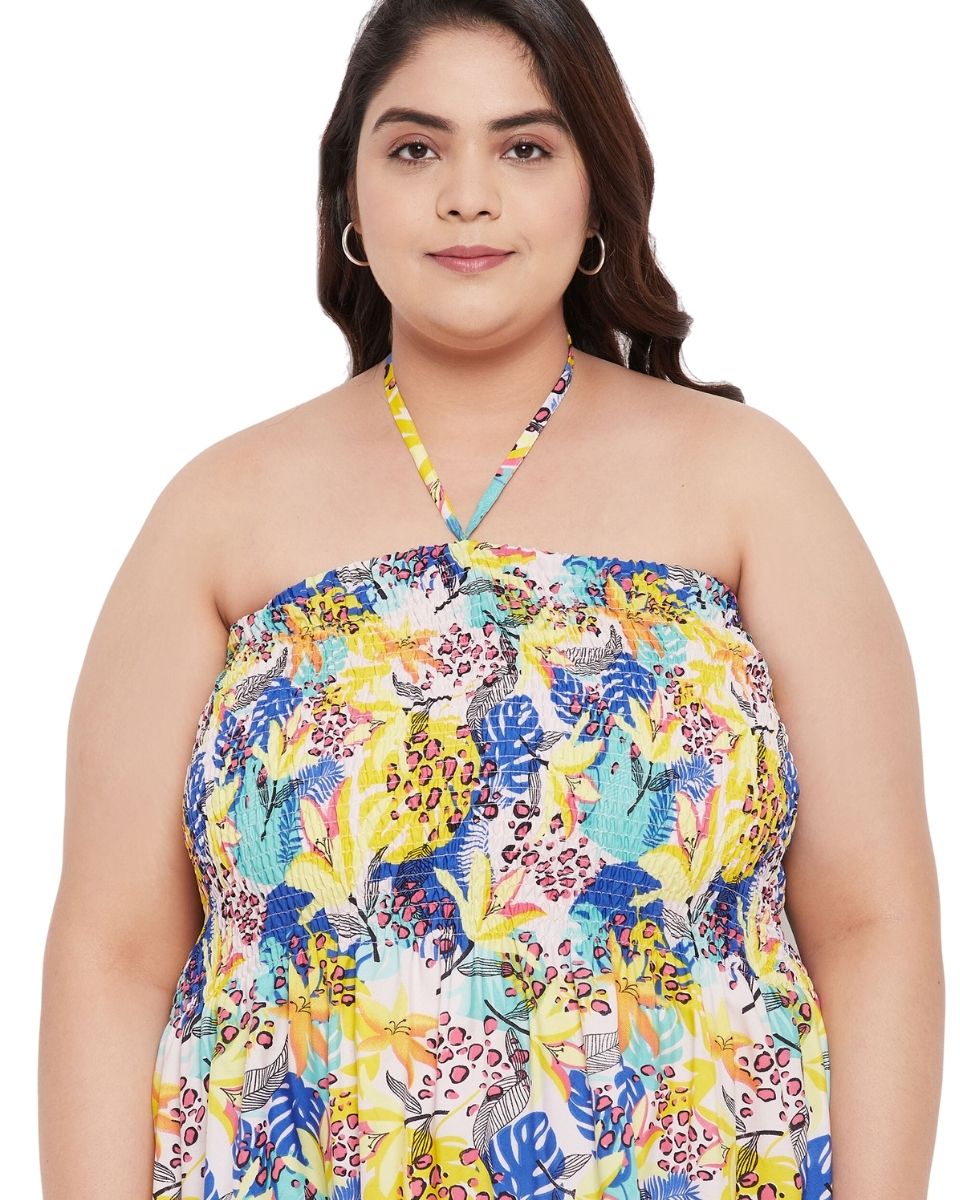 Floral Yellow Polyester Women Tube Dress For Evening