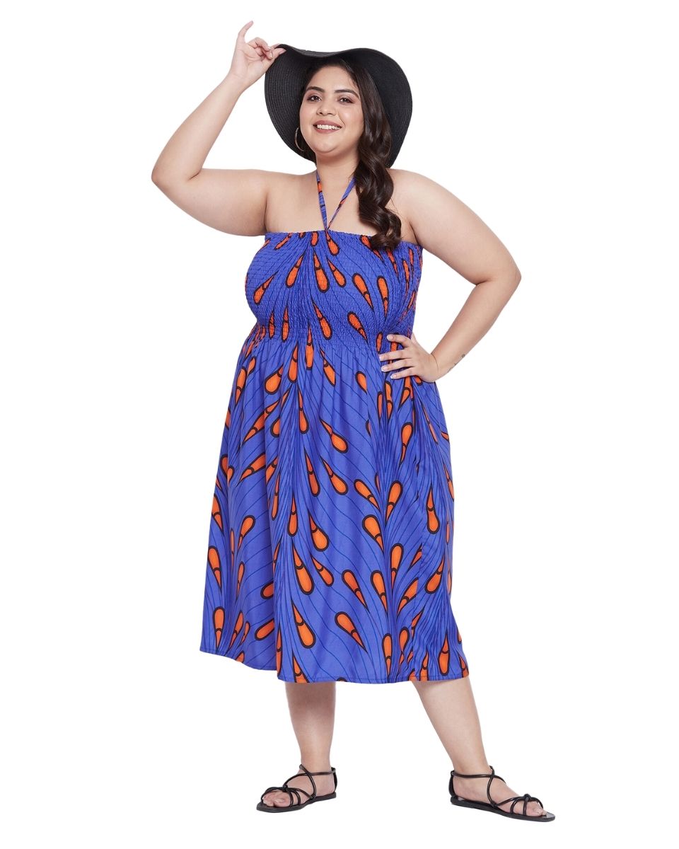 Blue Printed Polyester Fashionable Plus Size Tube Dress For Women