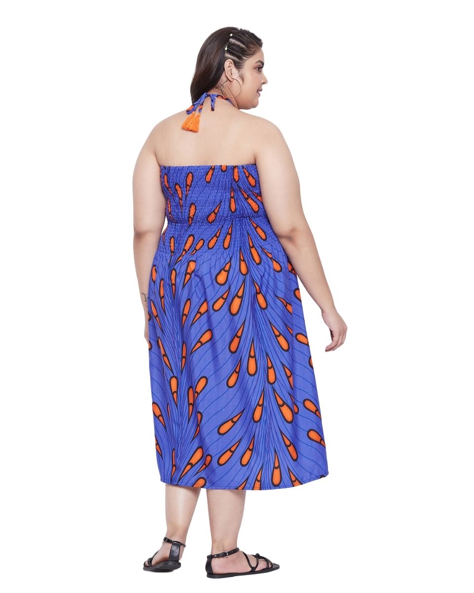 Blue Printed Polyester Fashionable Plus Size Tube Dress For Women