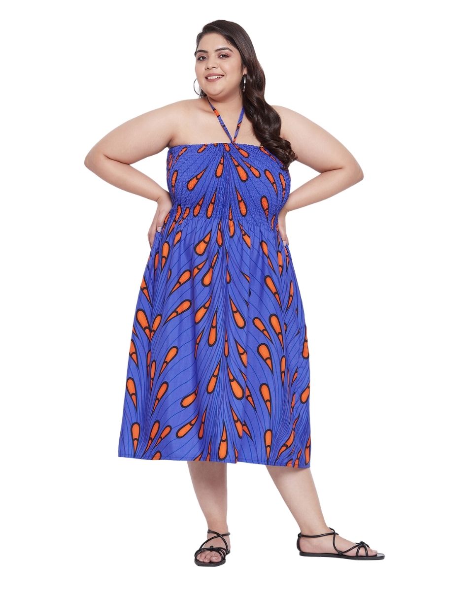 Blue Printed Polyester Fashionable Plus Size Tube Dress For Women
