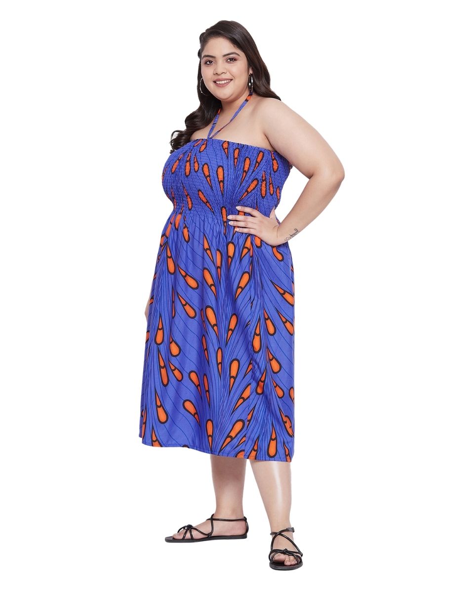 Blue Printed Polyester Fashionable Plus Size Tube Dress For Women