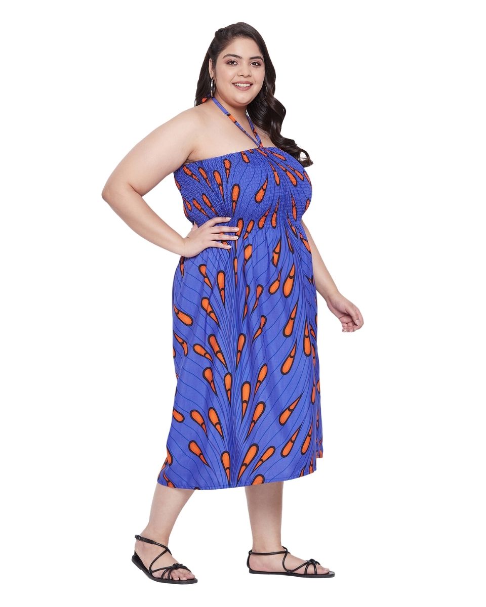 Blue Printed Polyester Fashionable Plus Size Tube Dress For Women