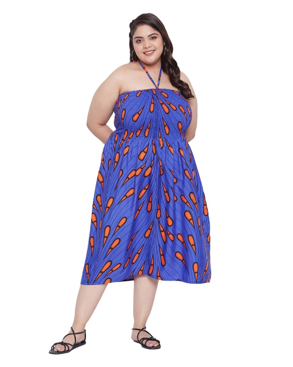 Blue Printed Polyester Fashionable Plus Size Tube Dress For Women