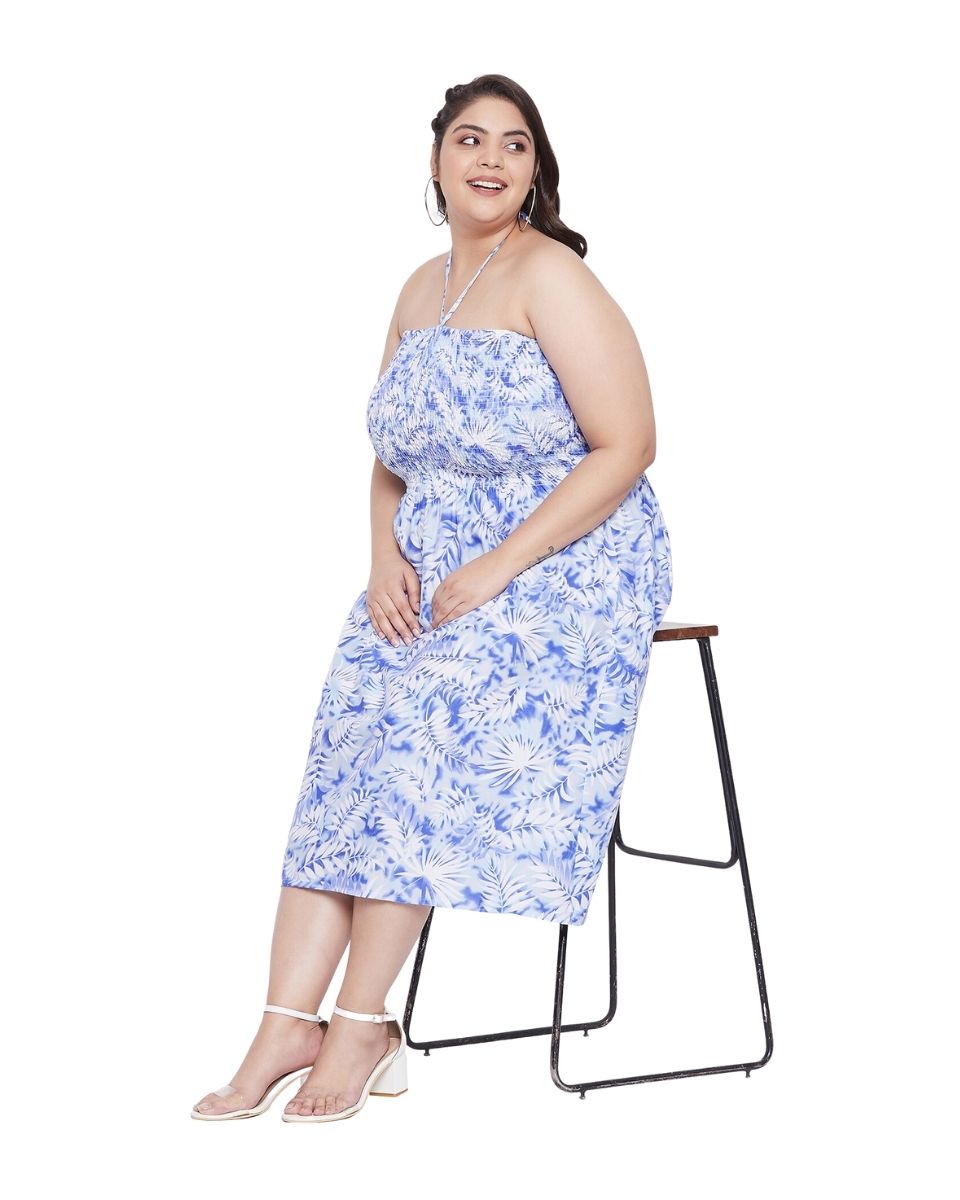 White Leaf Polyester Women Plus Size Flared Tube Dress