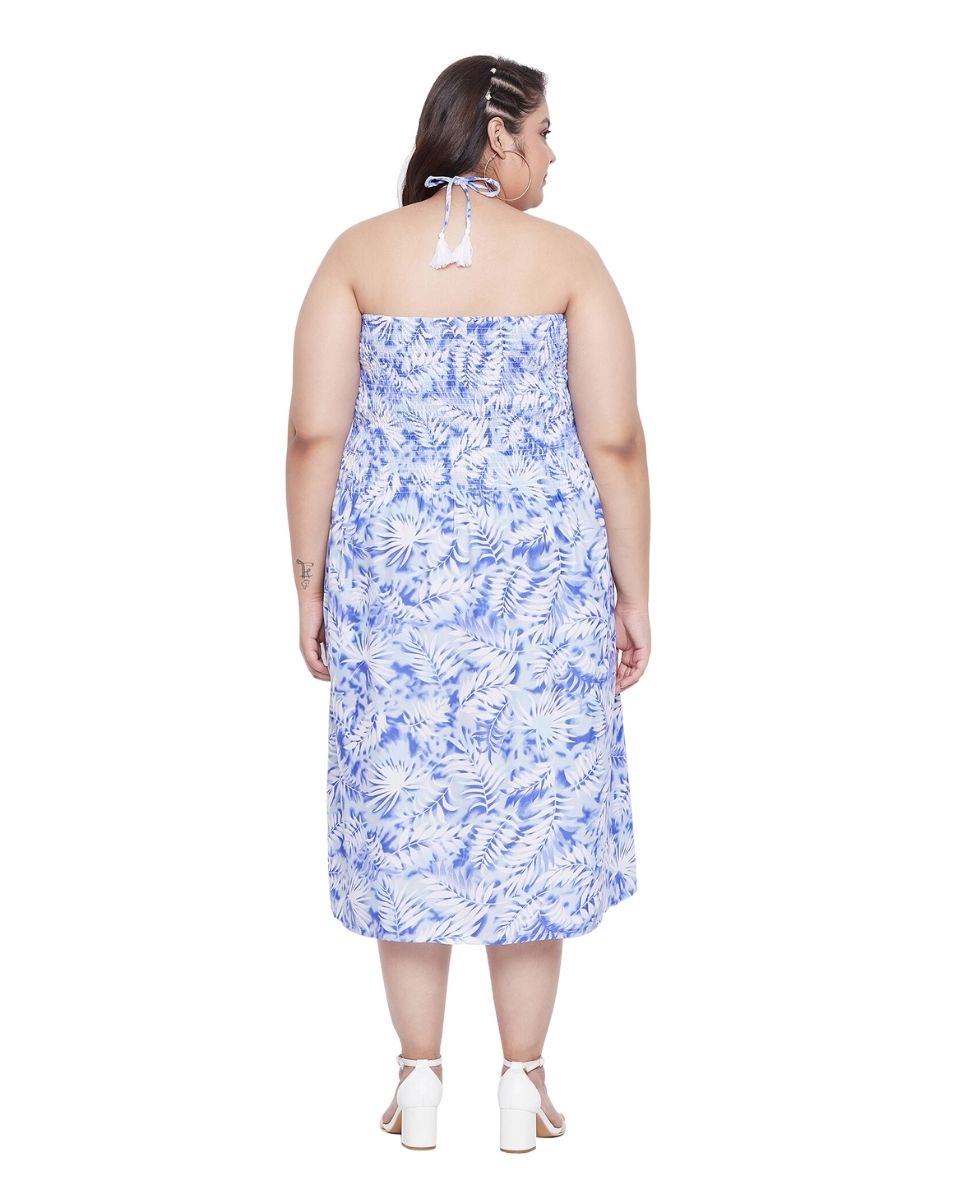 White Leaf Polyester Women Plus Size Flared Tube Dress