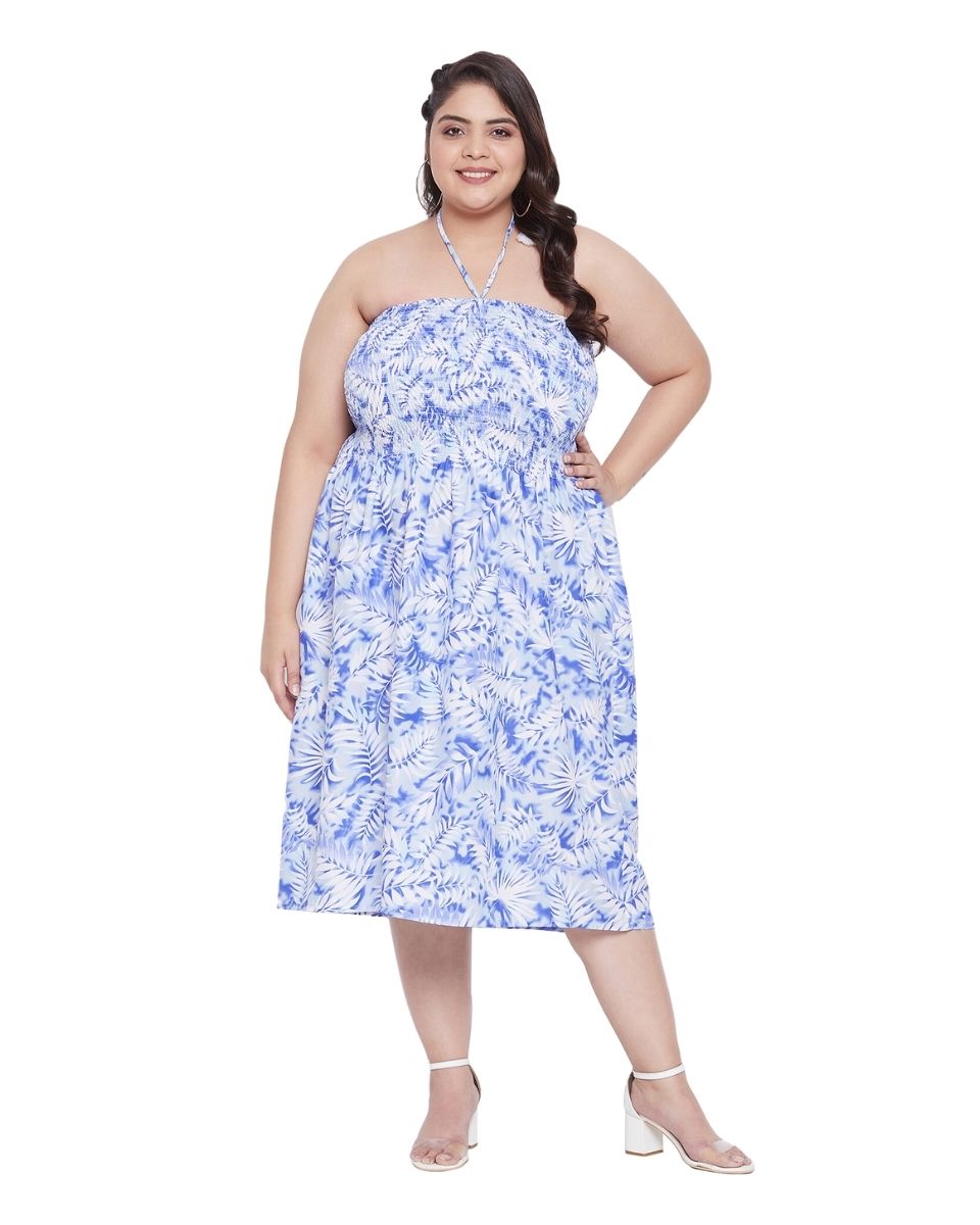 White Leaf Polyester Women Plus Size Flared Tube Dress