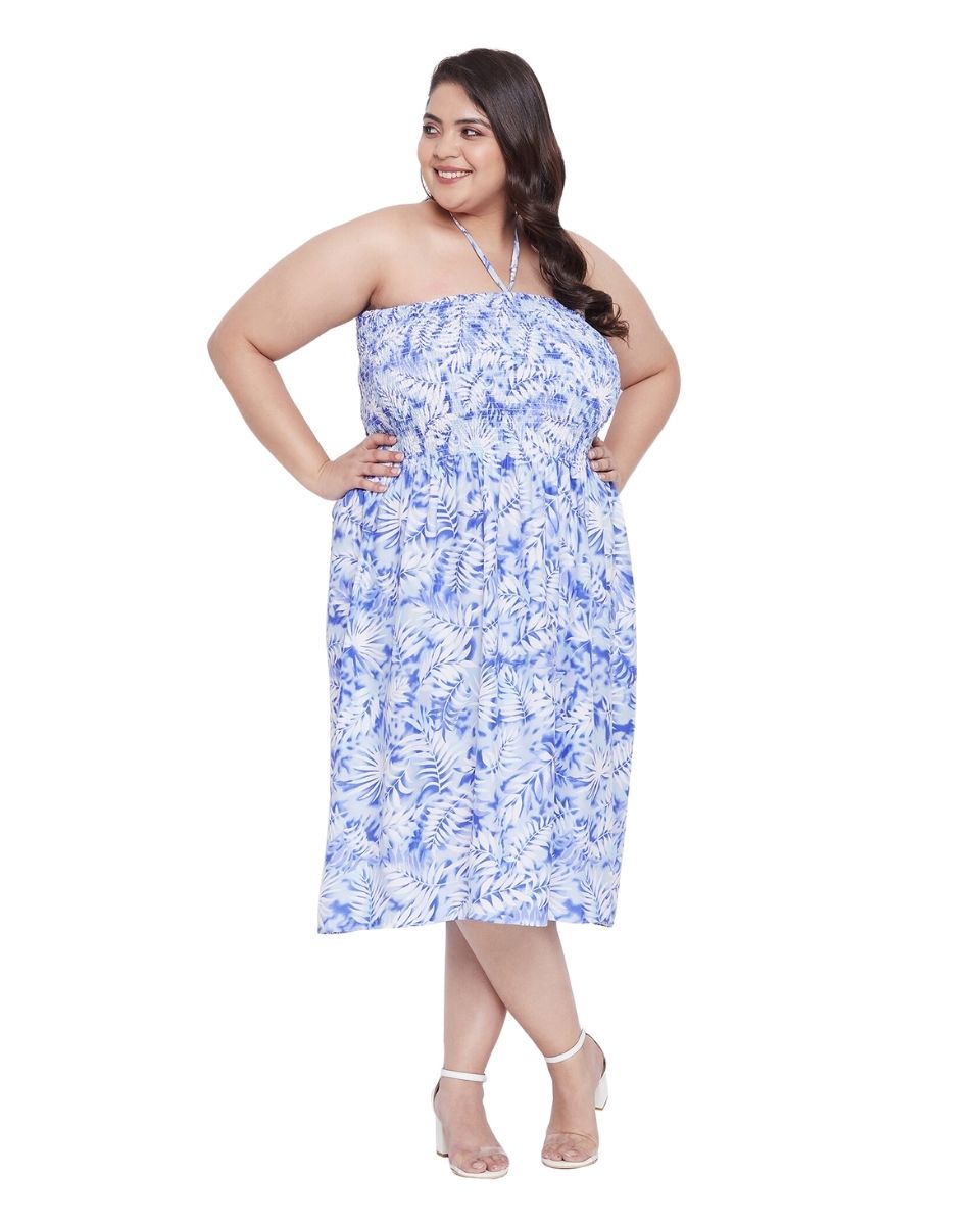 White Leaf Polyester Women Plus Size Flared Tube Dress