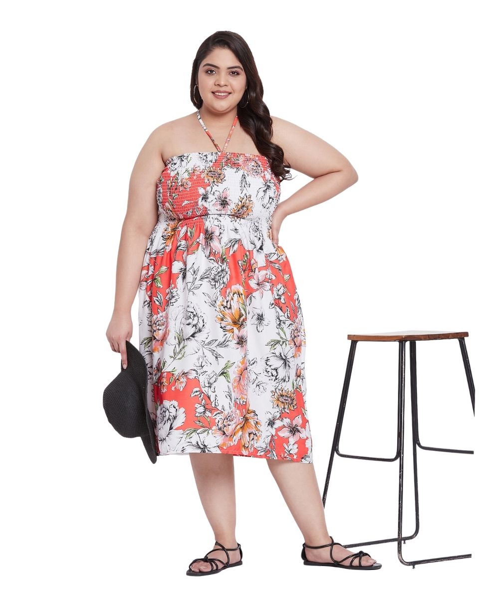 Multicolor Polyester Women Plus Size Boho Midi Tube Dress