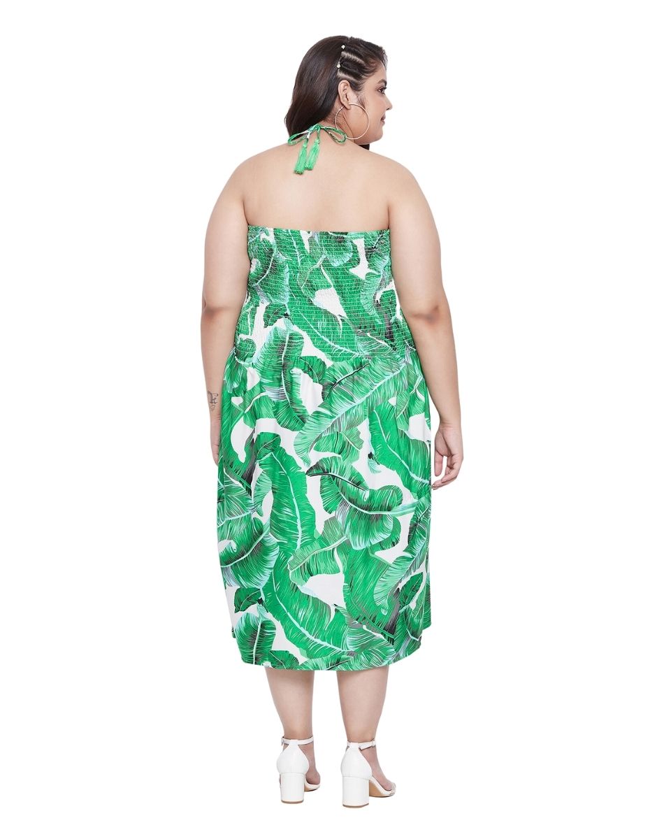 Green Leaf Printed Polyester Tube Dress For Women