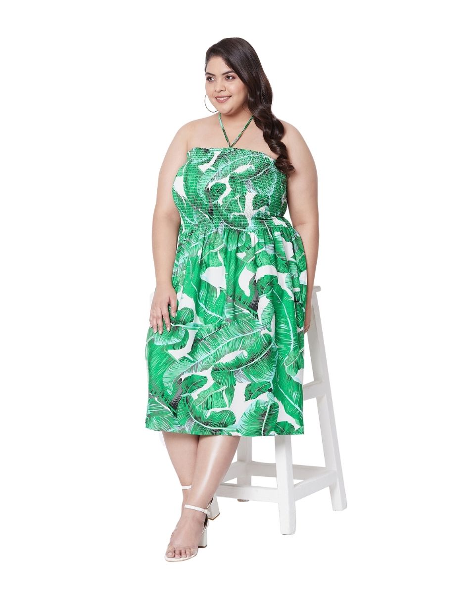 Green Leaf Printed Polyester Tube Dress For Women
