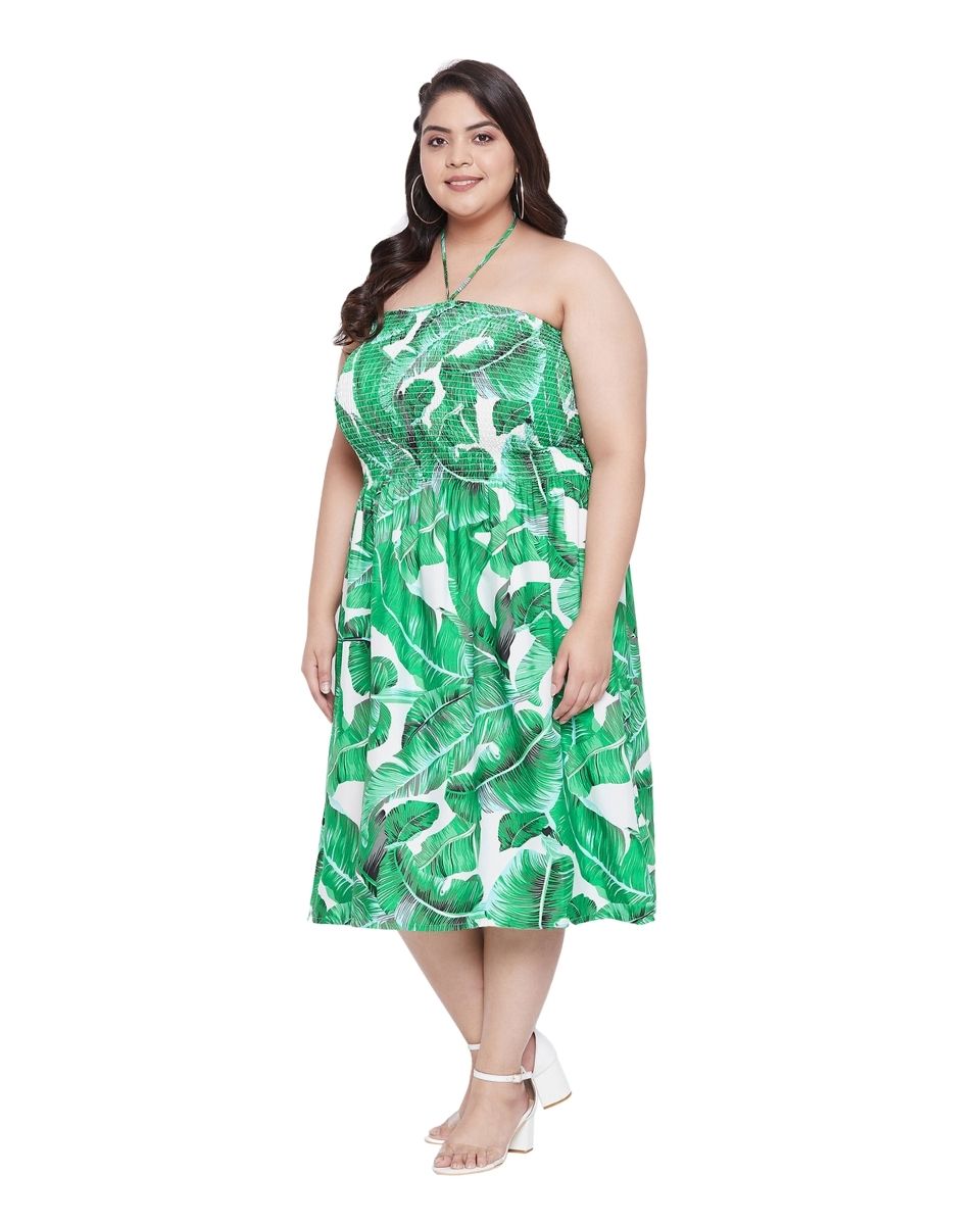 Green Leaf Printed Polyester Tube Dress For Women