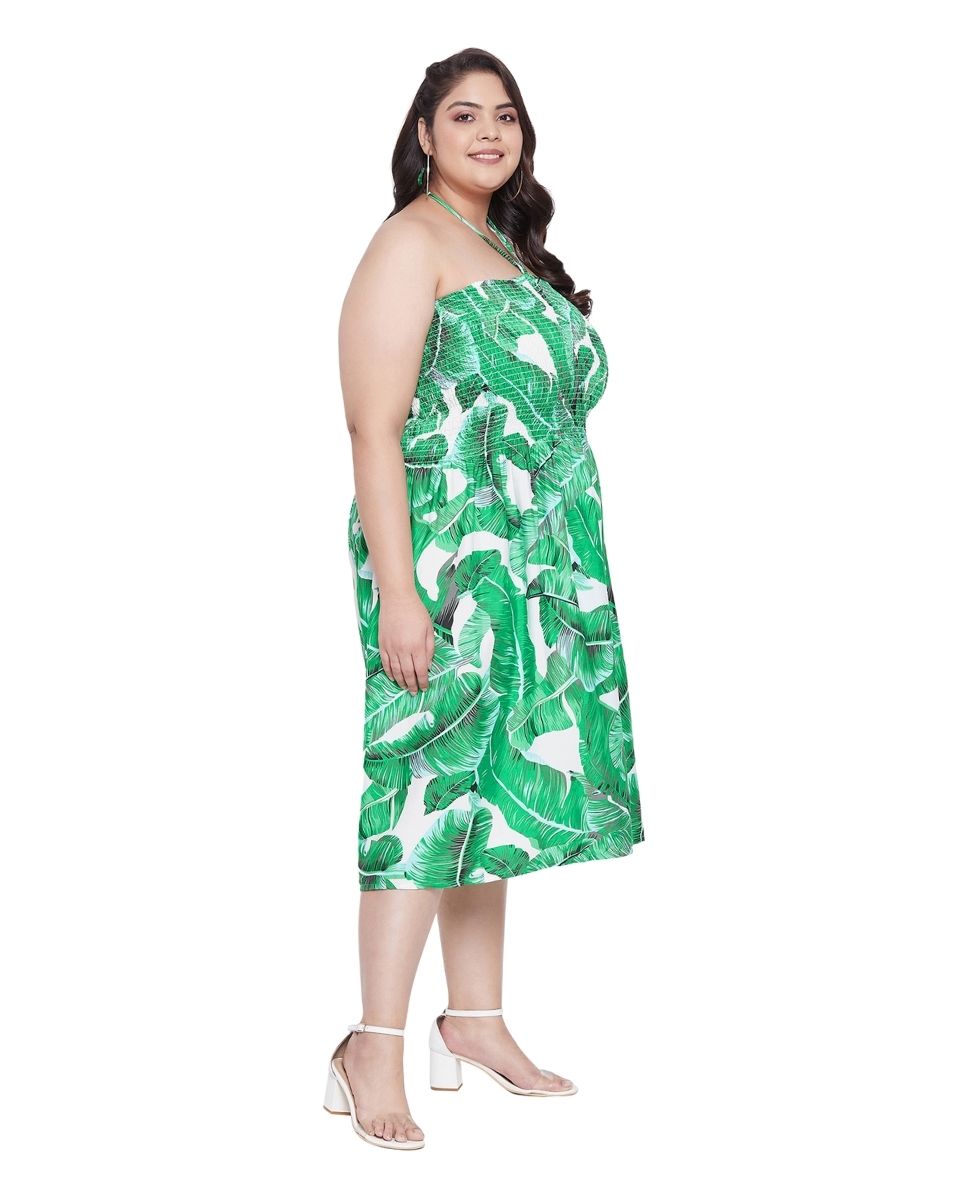 Green Leaf Printed Polyester Tube Dress For Women