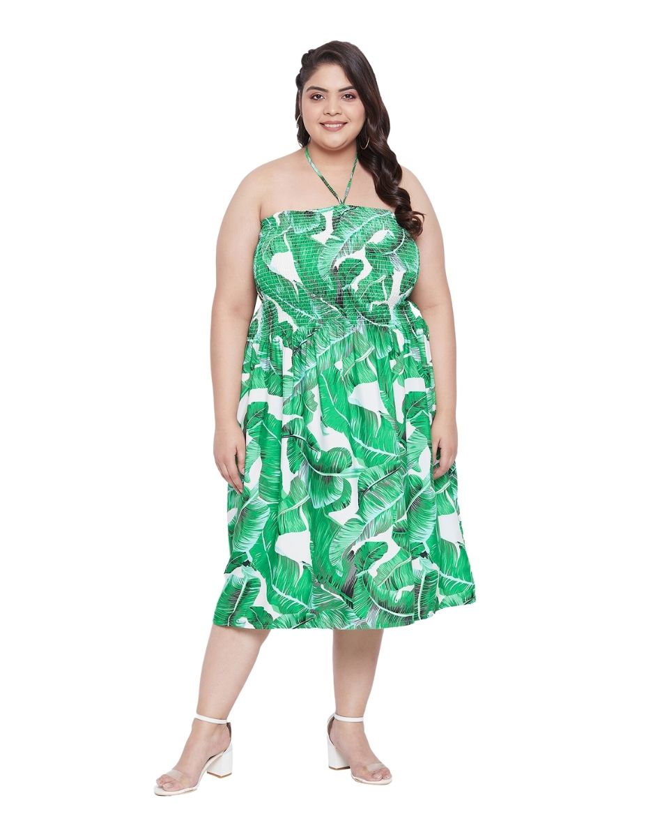 Green Leaf Printed Polyester Tube Dress For Women