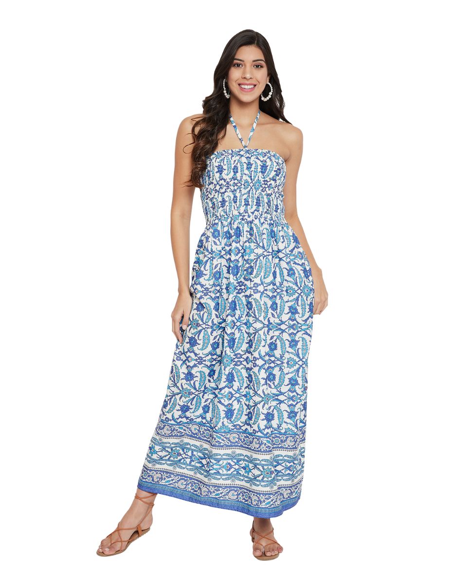 Blue Floral Polyester Halter Neck Tube Dress For Women