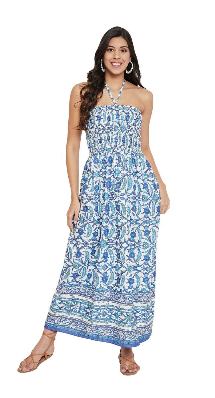 Blue Floral Polyester Halter Neck Tube Dress For Women - S M L XL 1X 2X 3X - SKU TUBDR48-8401 S - Gypsie Blu