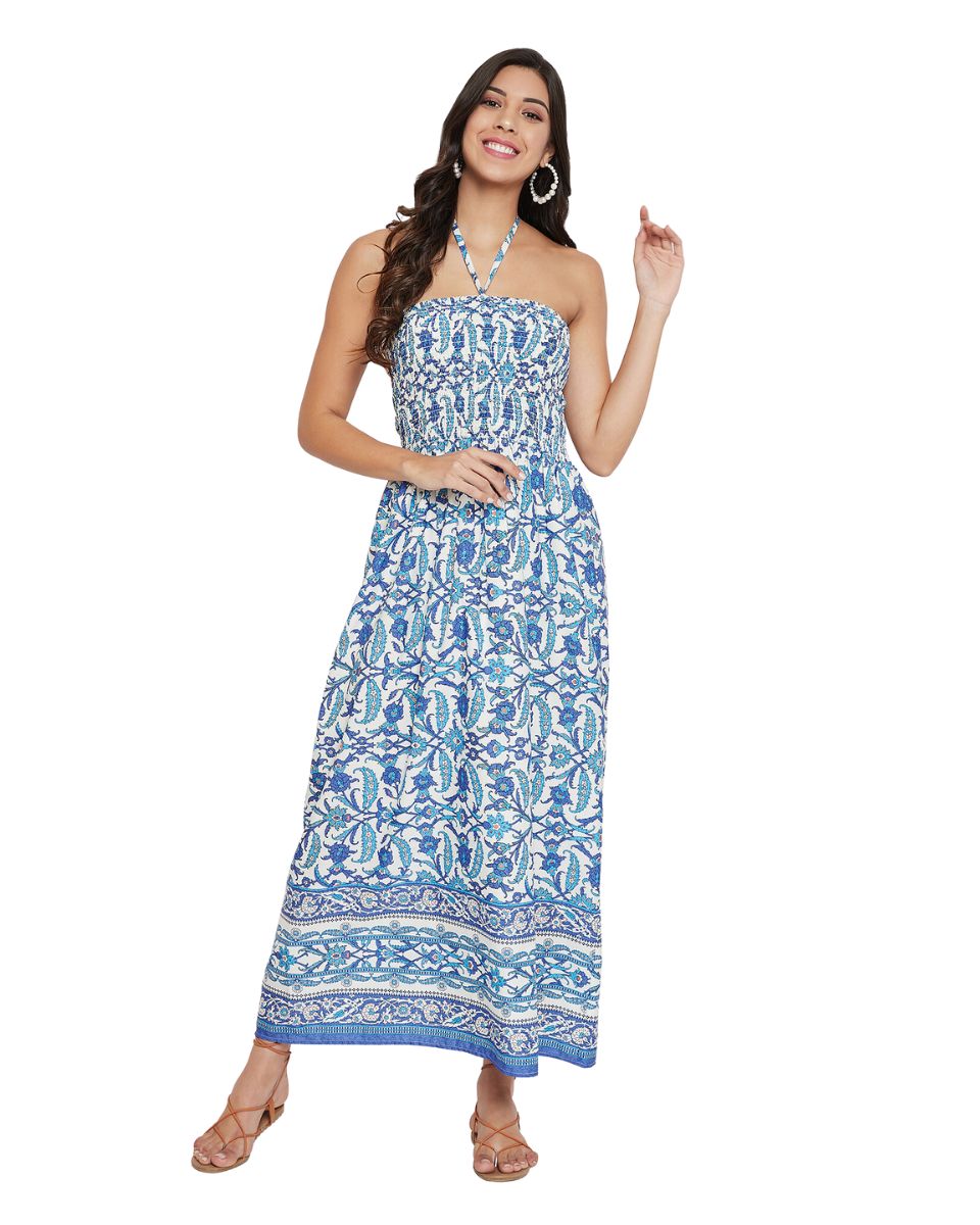 Blue Floral Polyester Halter Neck Tube Dress For Women