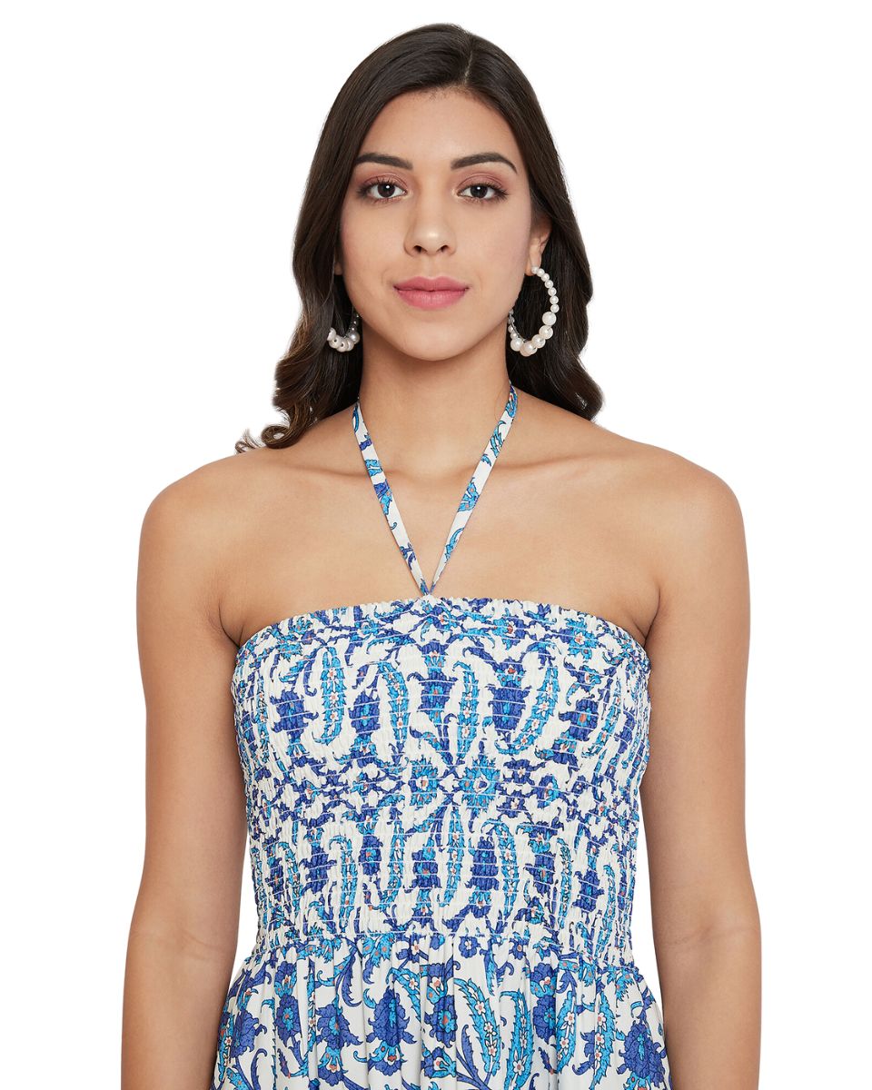 Blue Floral Polyester Halter Neck Tube Dress For Women