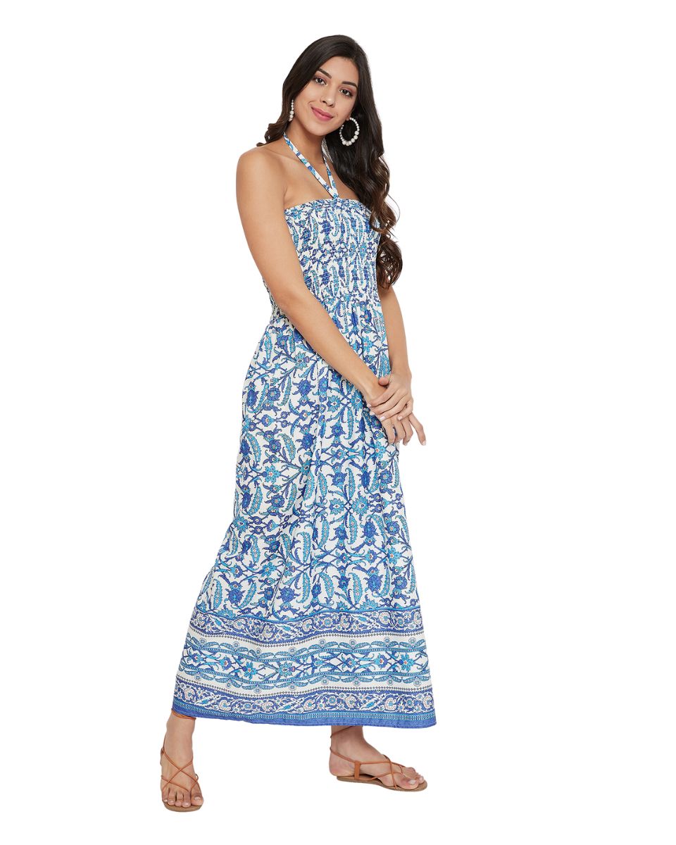 Blue Floral Polyester Halter Neck Tube Dress For Women