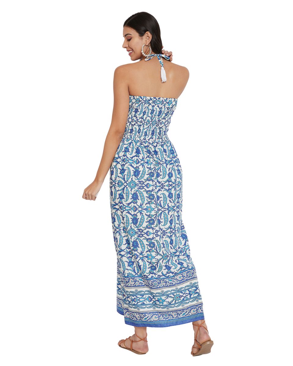 Blue Floral Polyester Halter Neck Tube Dress For Women