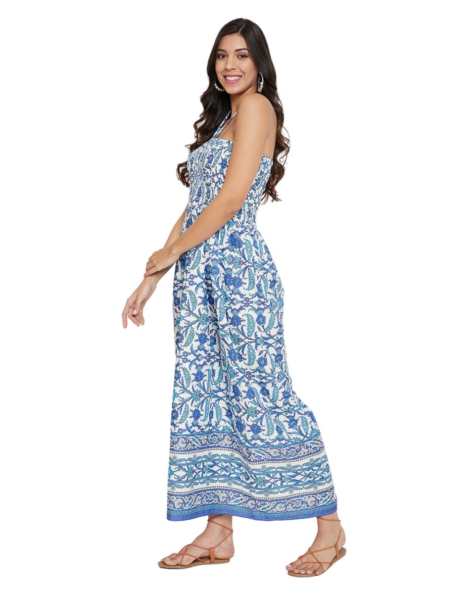 Blue Floral Polyester Halter Neck Tube Dress For Women