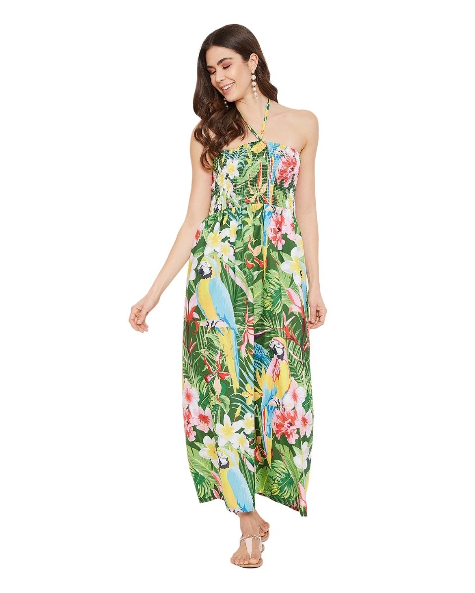 Green Leaf Printed Polyester Tube Dress For Women