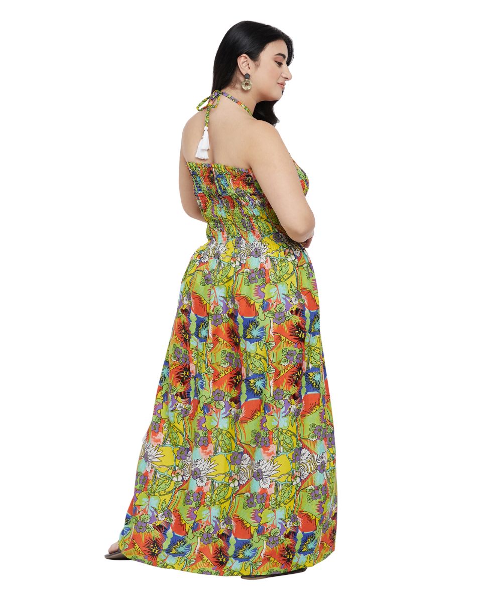 Green Floral Print Polyester Party Wear Tube Dress for Women