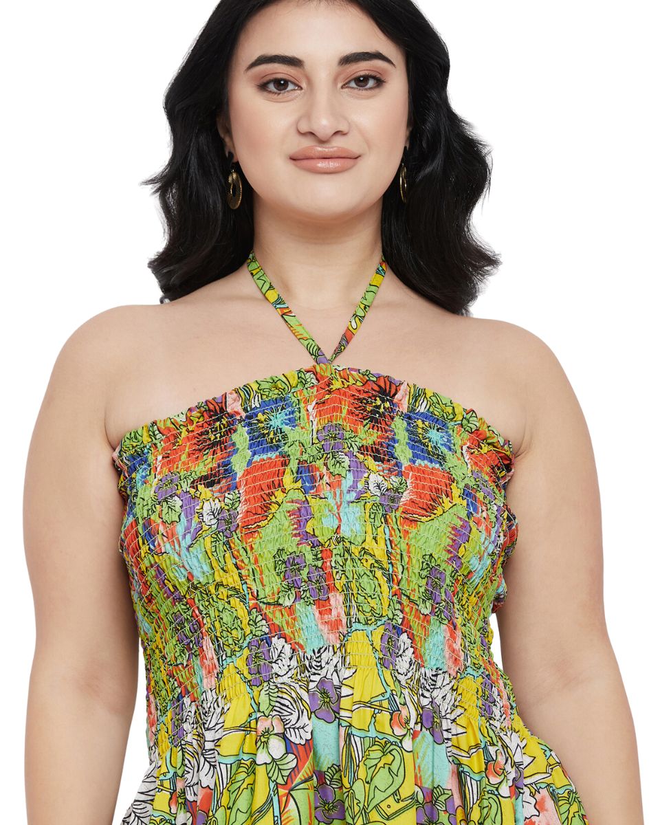 Green Floral Print Polyester Party Wear Tube Dress for Women