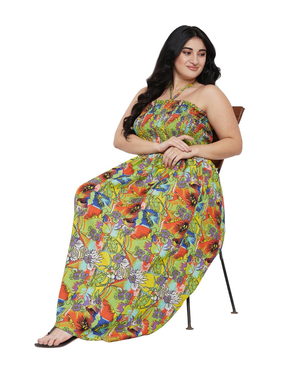 Green Floral Print Polyester Party Wear Tube Dress for Women