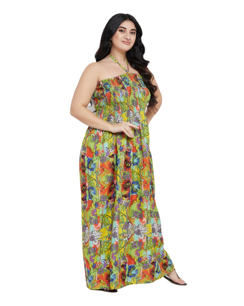 Green Floral Print Polyester Party Wear Tube Dress for Women