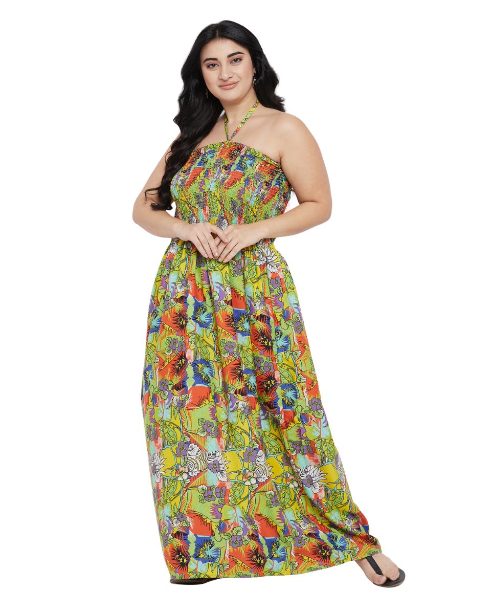 Green Floral Print Polyester Party Wear Tube Dress for Women