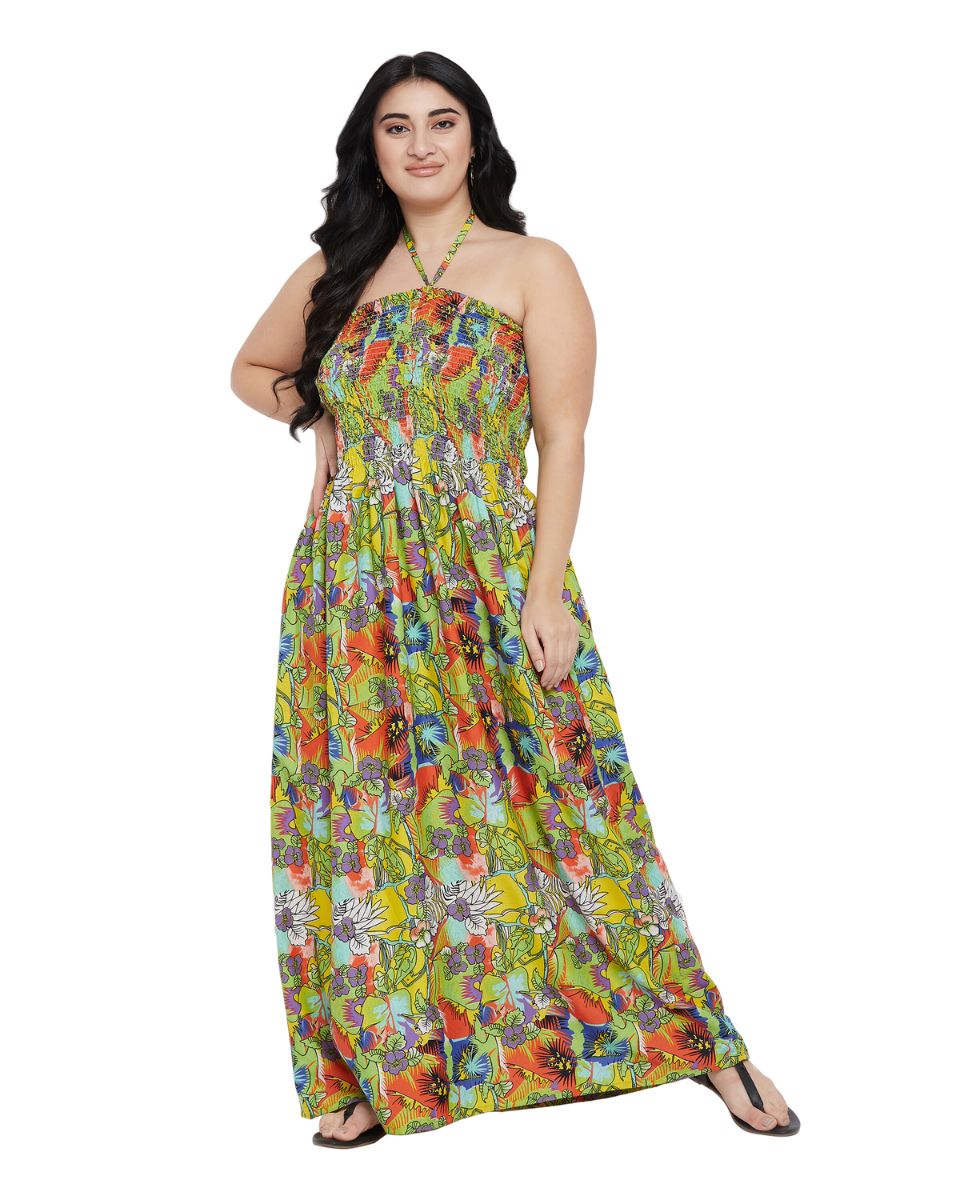 Green Floral Print Polyester Party Wear Tube Dress for Women