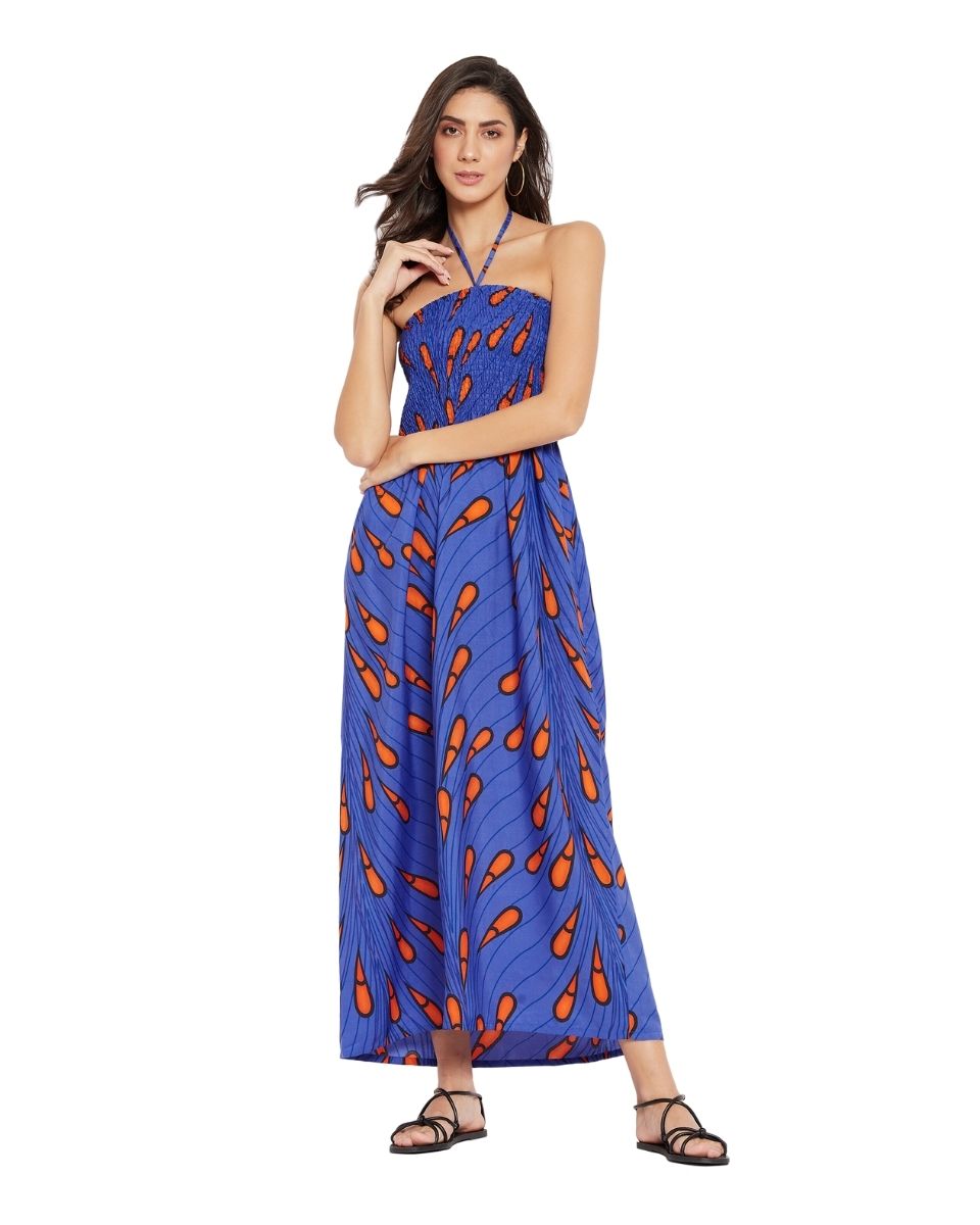 Tribal Printed Blue Polyester Tube Dress For Women