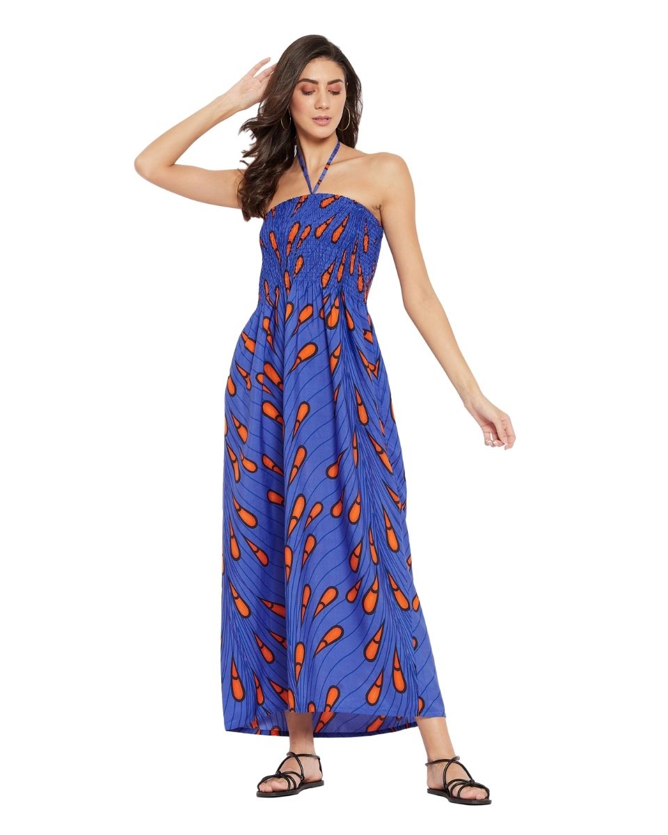 Tribal Printed Blue Polyester Tube Dress For Women