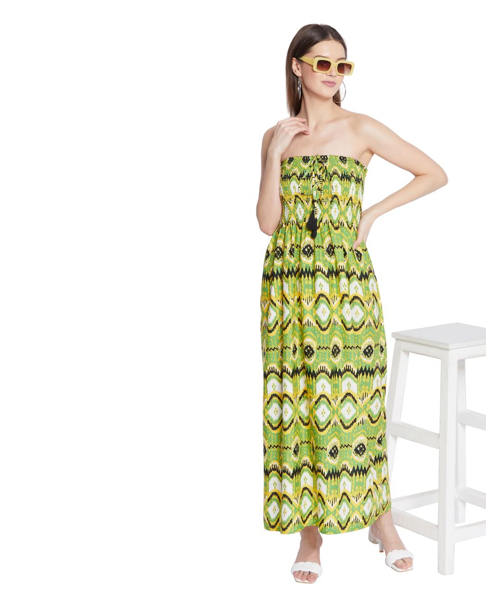 Geometric Printed Light Green Plus Size Strapless Dress for Women