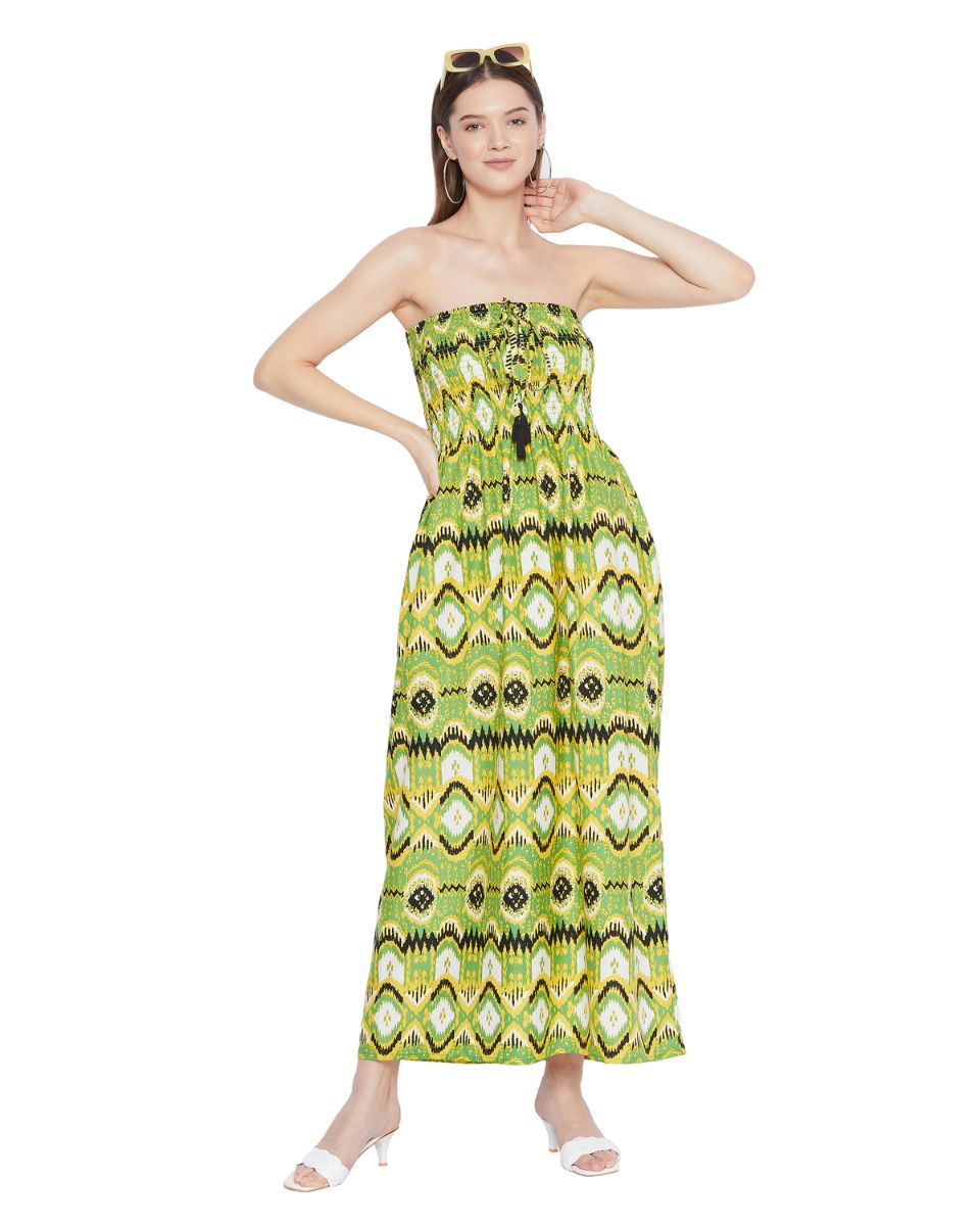 Geometric Printed Light Green Plus Size Strapless Dress for Women