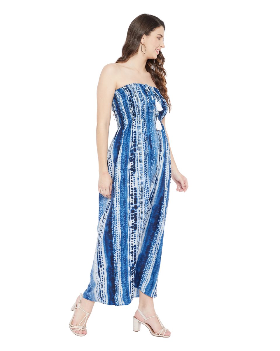 Tie Dye Printed Lapis Blue Polyester Tube Dress For Women