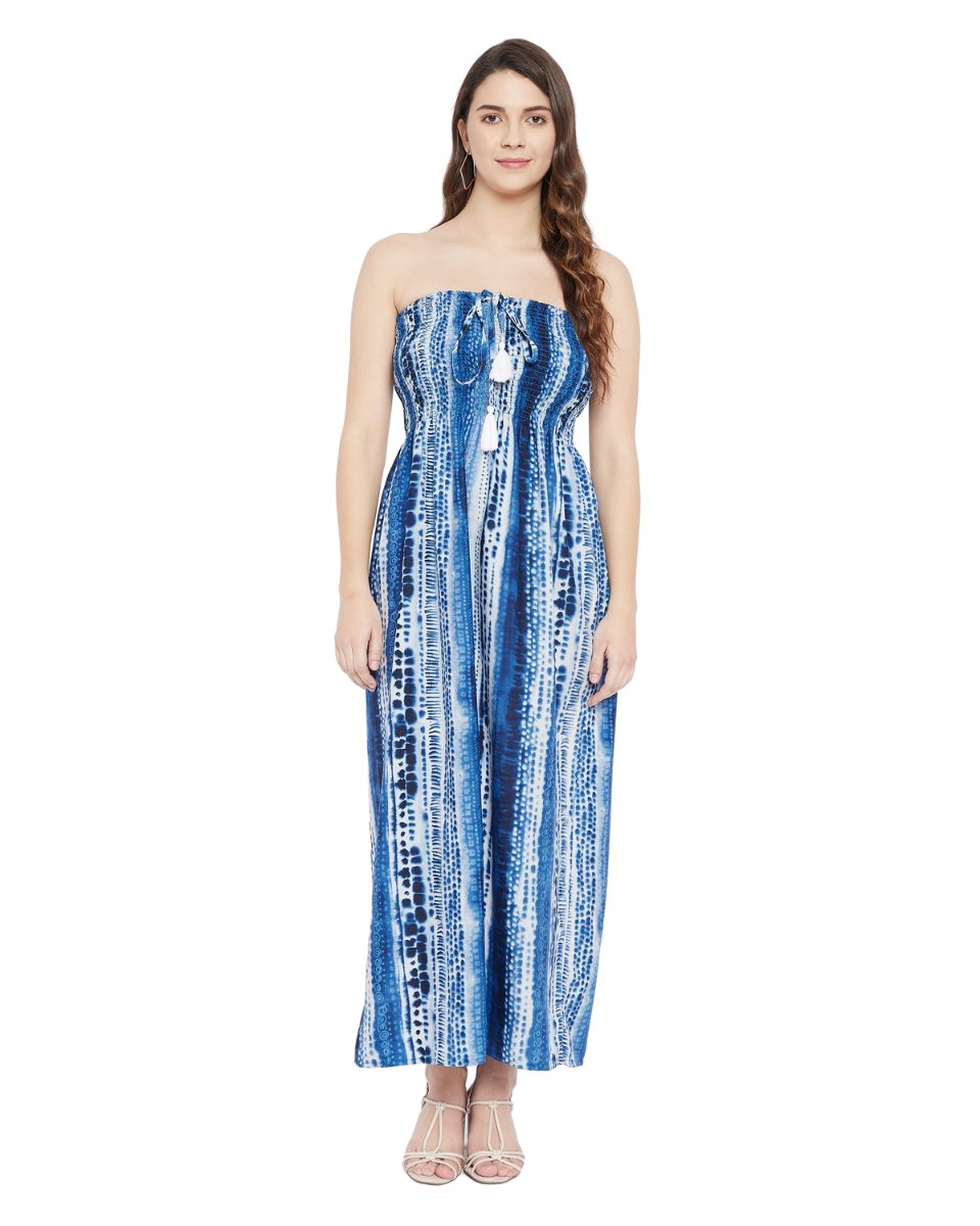 Tie Dye Printed Lapis Blue Polyester Tube Dress For Women