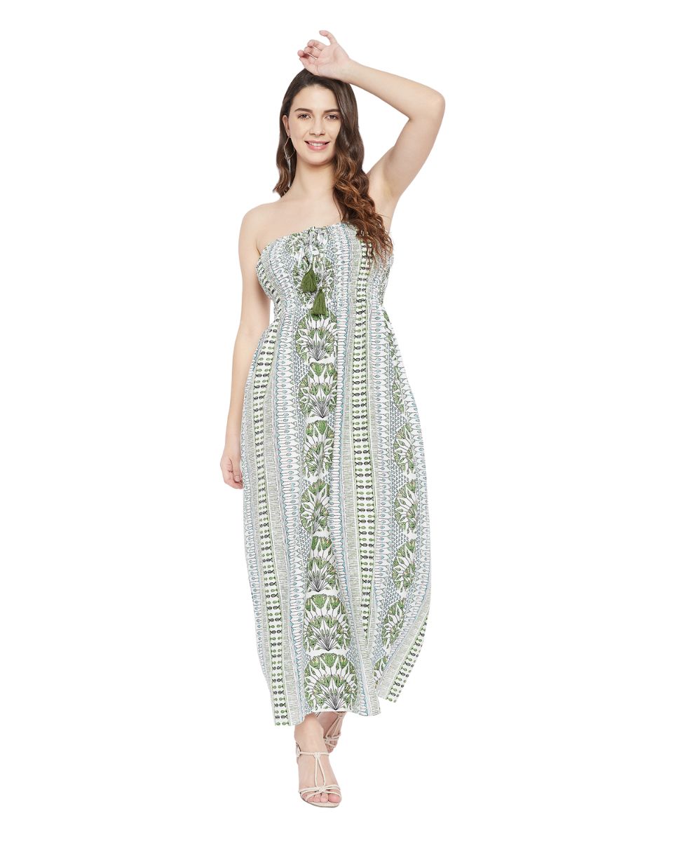 Floral Printed Olive Polyester Plus Size Tube Dress For Women