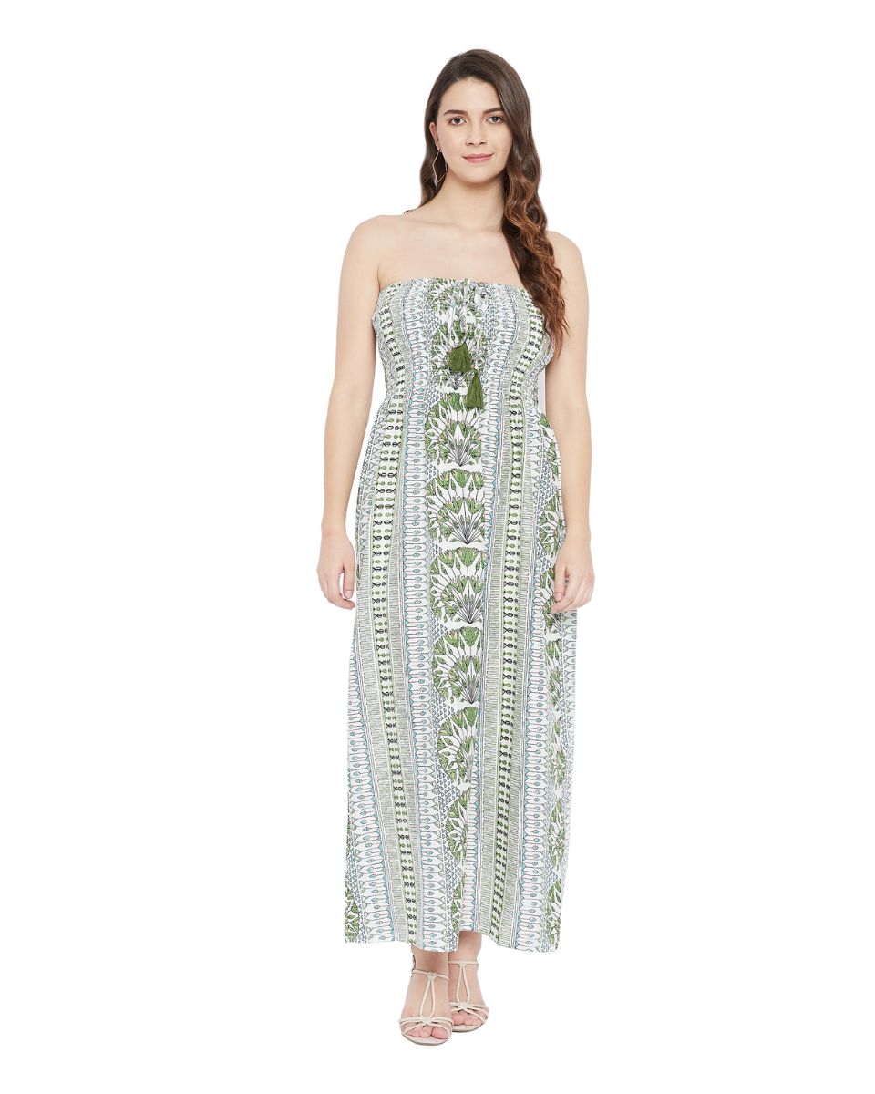 Floral Printed Olive Polyester Plus Size Tube Dress For Women