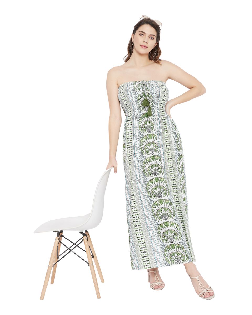 Floral Printed Olive Polyester Plus Size Tube Dress For Women