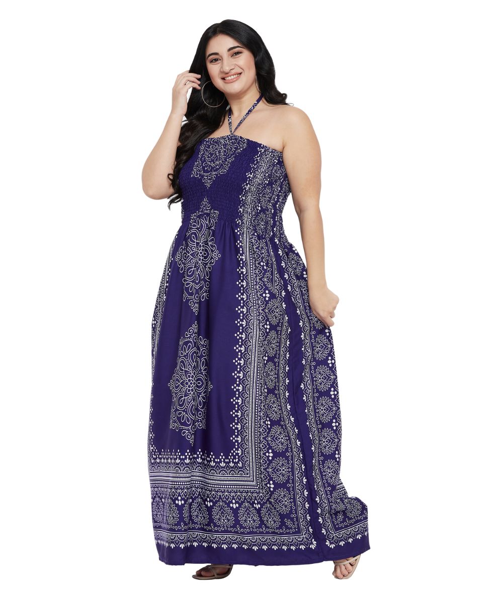 Navy Blue Floral Polyester Women Plus Size Tube Dress For Beach Party