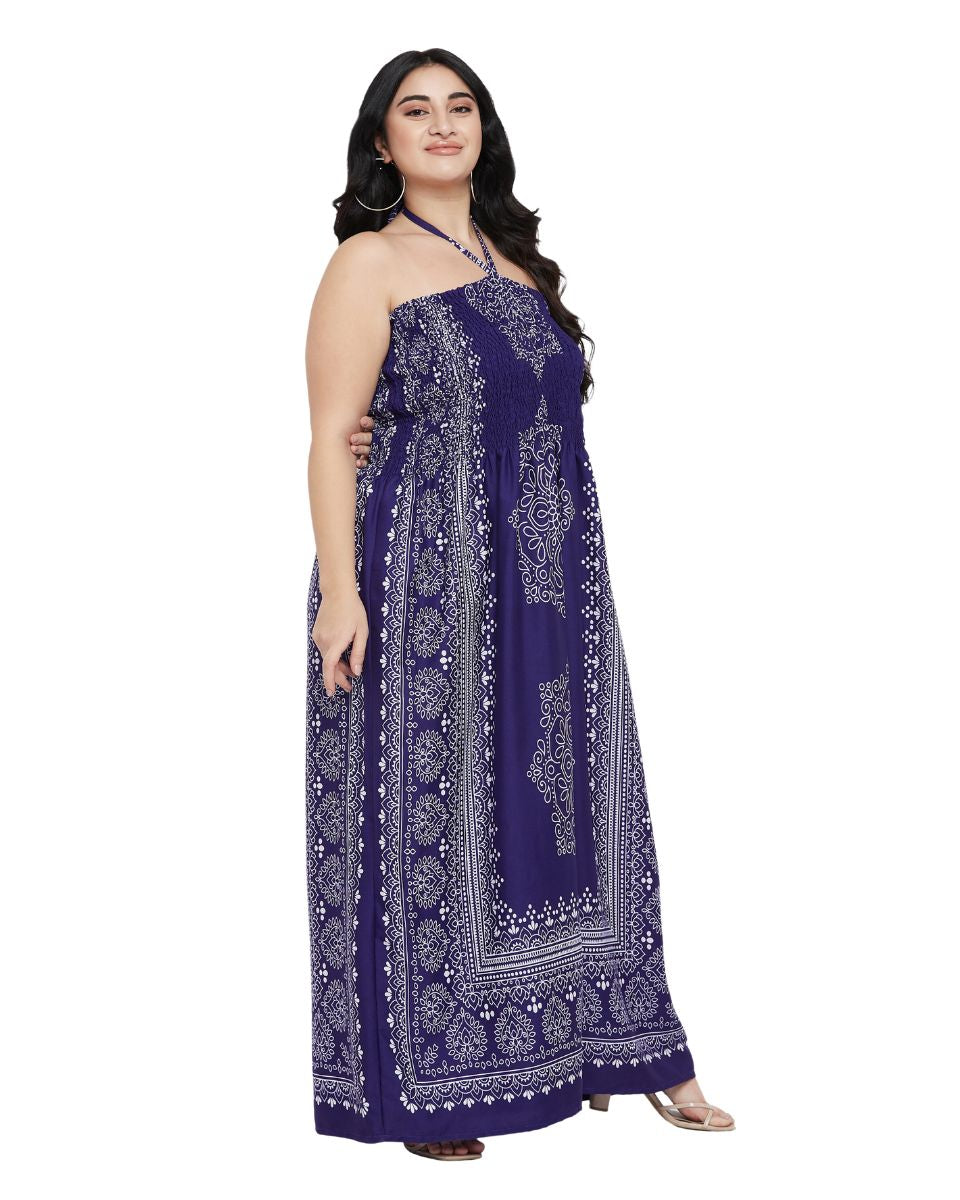 Navy Blue Floral Polyester Women Plus Size Tube Dress For Beach Party