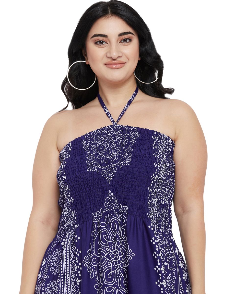 Navy Blue Floral Polyester Women Plus Size Tube Dress For Beach Party