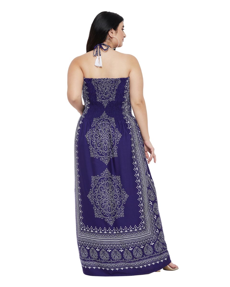 Navy Blue Floral Polyester Women Plus Size Tube Dress For Beach Party